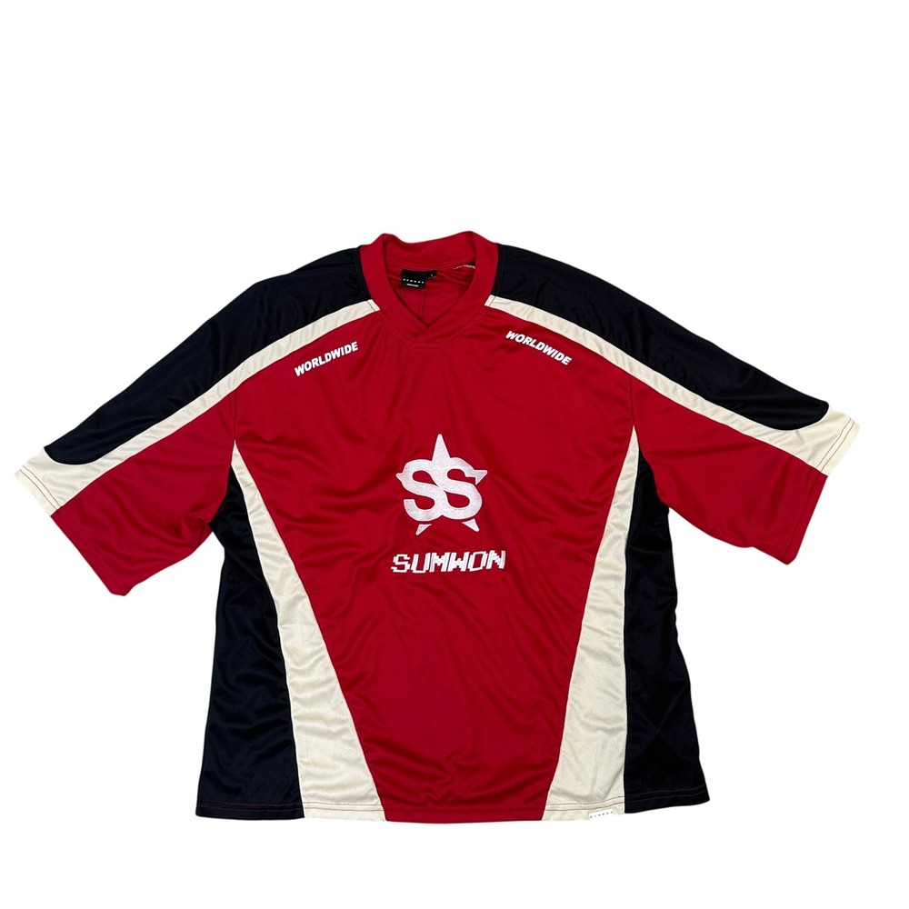 NWT Sumwon Studios Worldwide Soccer Jersey Red Black Mesh V-Neck Shirt Large NEW